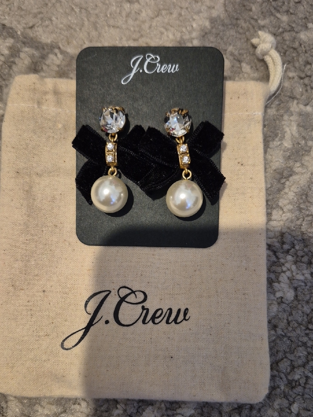 J. Crew Gold-Tone Pearl And Crystal Drop Earrings with Black Velvet Bows New